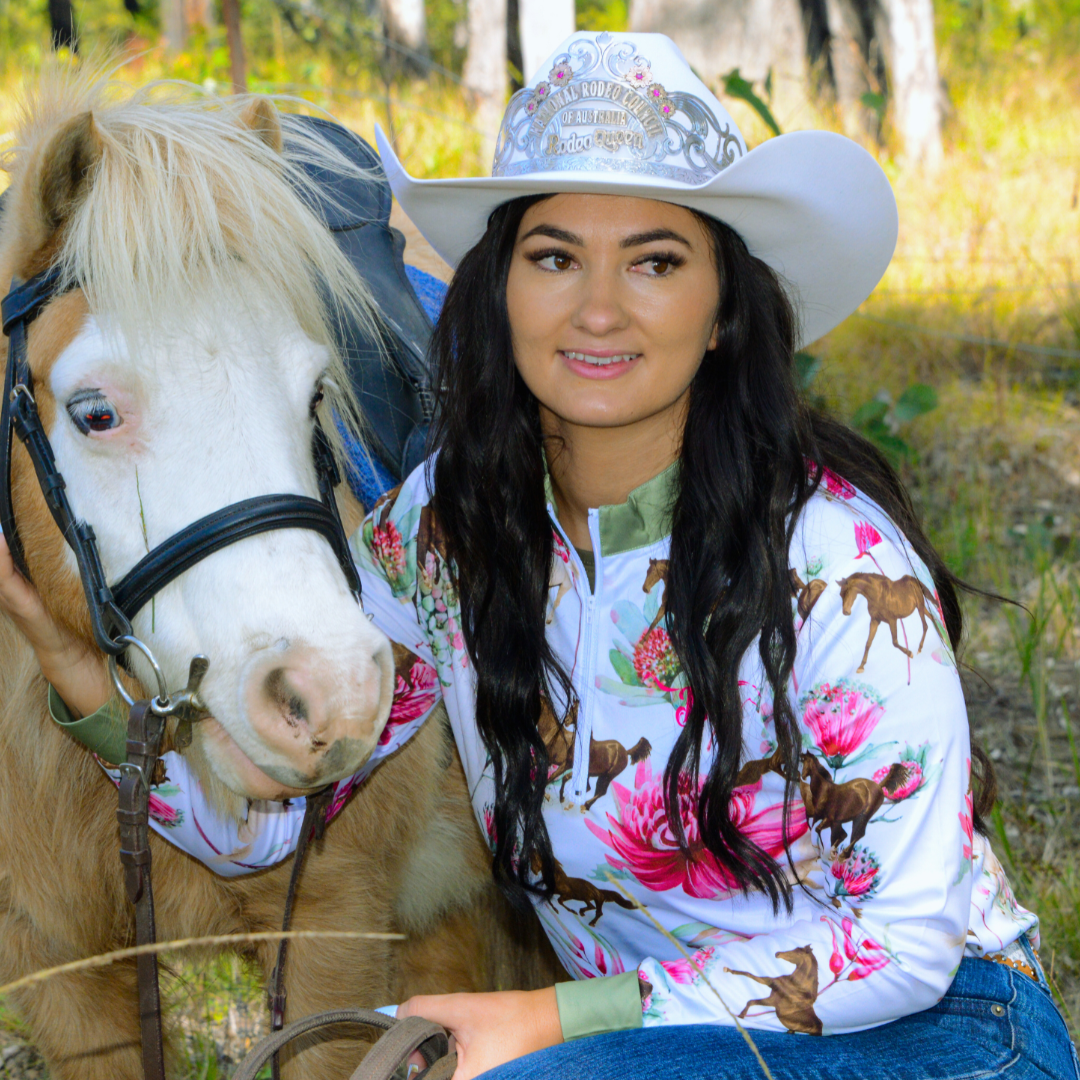 Petals & Ponies Girls Equestrian Shirt (Leafy Green Collar and Cuffs)