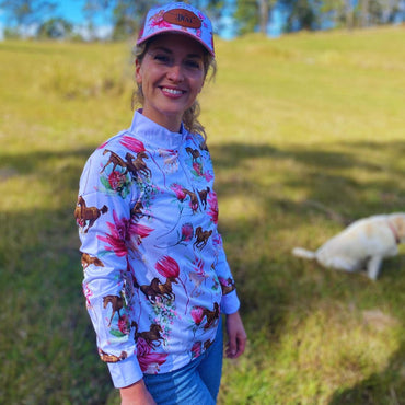 Girls Equestrian Shirt 'Petals & Ponies' with white equestrian collar.