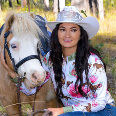 Women's Long Sleeved Petals & Ponies Fishing Shirt with Stand Collar.  Sun Protection. Pure Dust