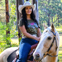 Women's Khaki Cotton Tee Untamed Cowgirl with Crocodile. Pure Dust