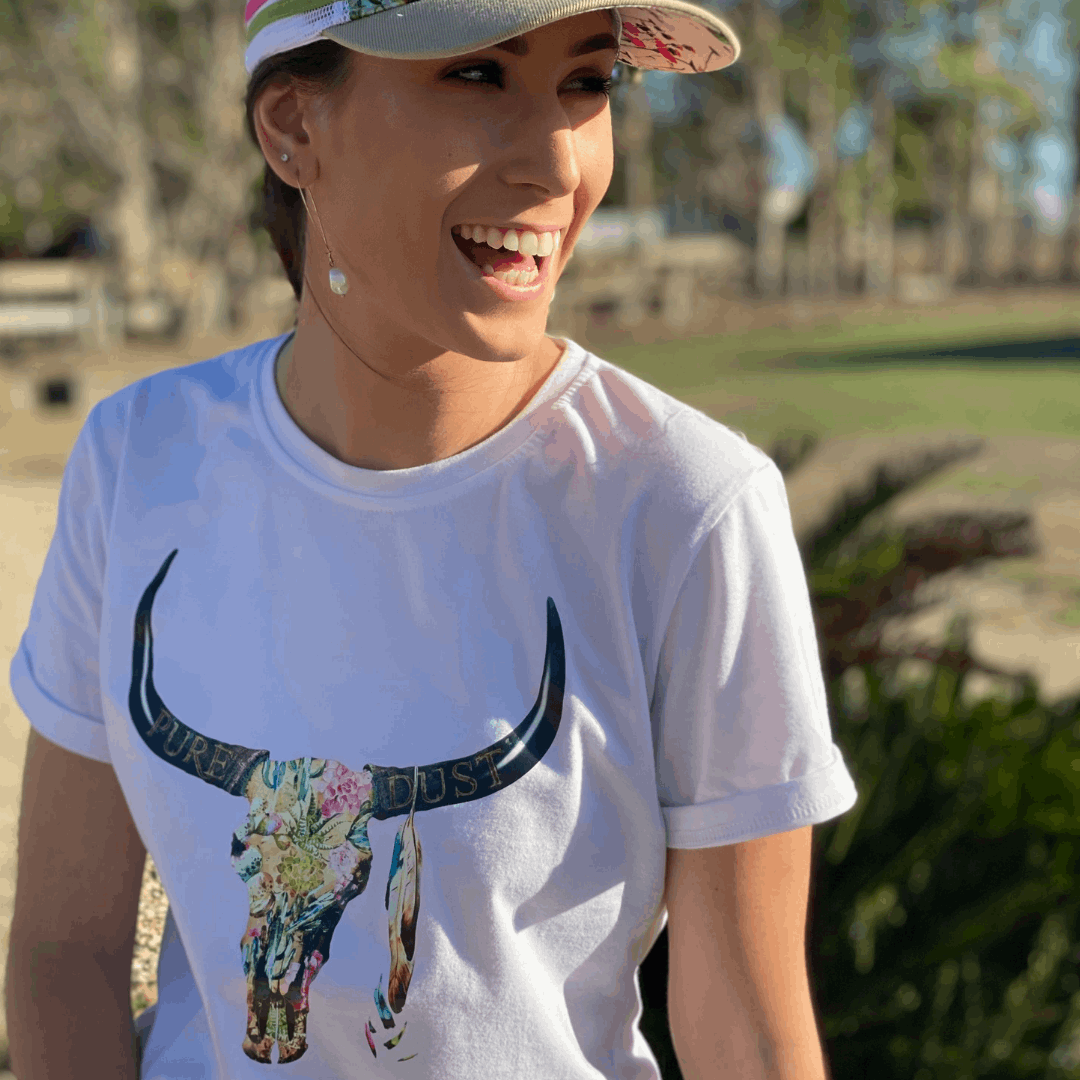 Women's White Cotton Tee Cactus Skull Print. Pure Dust