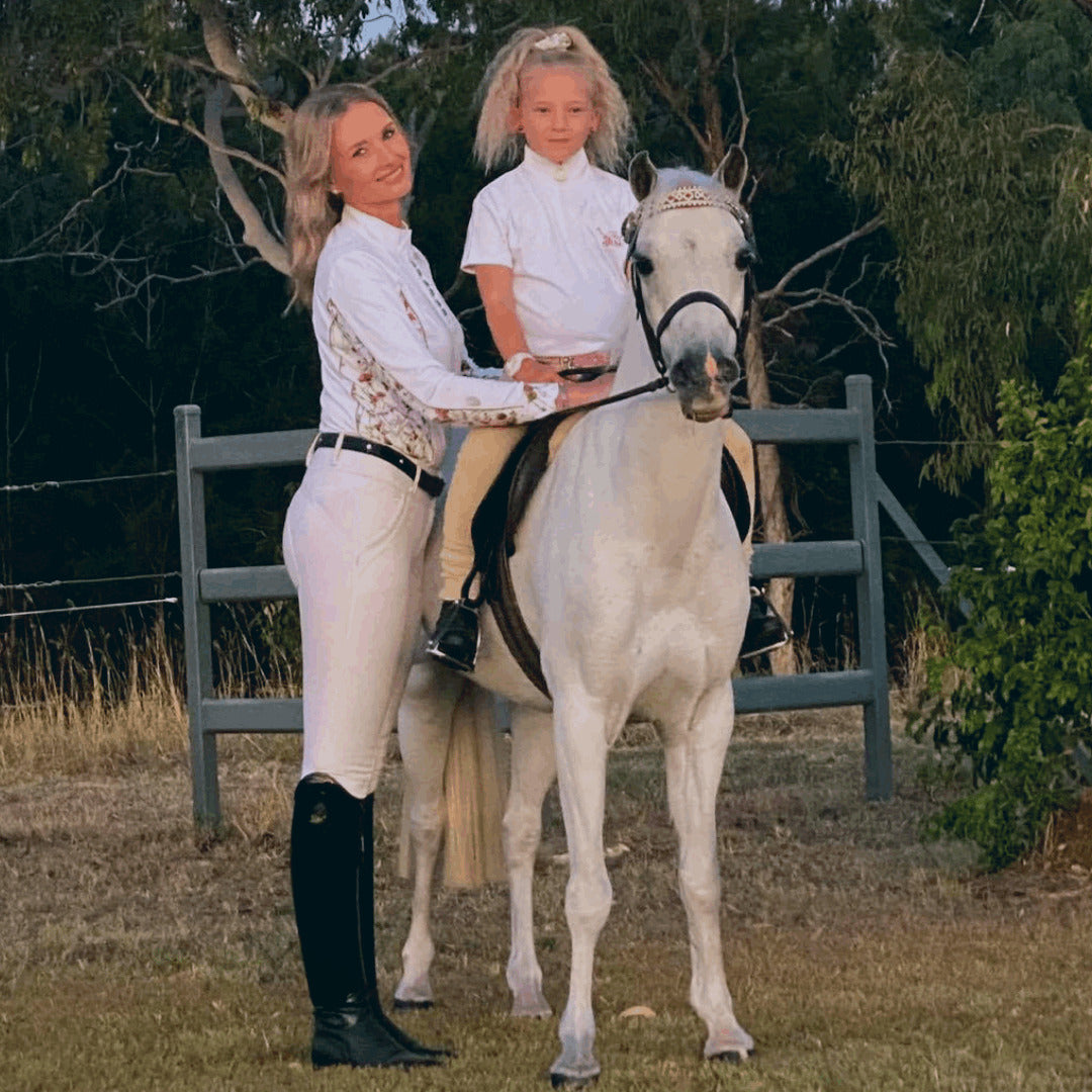 Ladies Long Sleeved Equestrian Competition Shirt with Wildflower Print Side panel inserts. Pure Dust