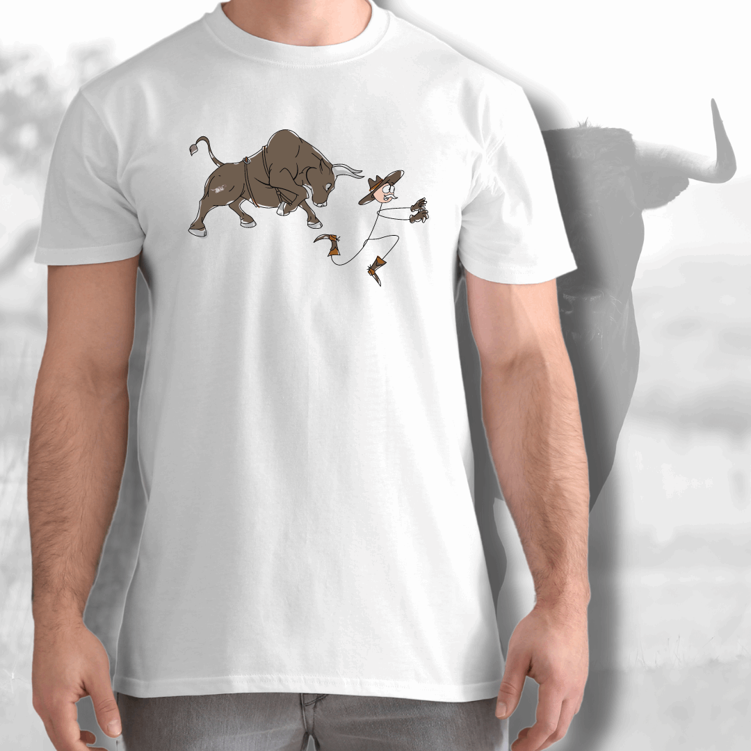 Men's White Cotton Tee with Run Cowboy Coloured Stickman Print Pure Dust